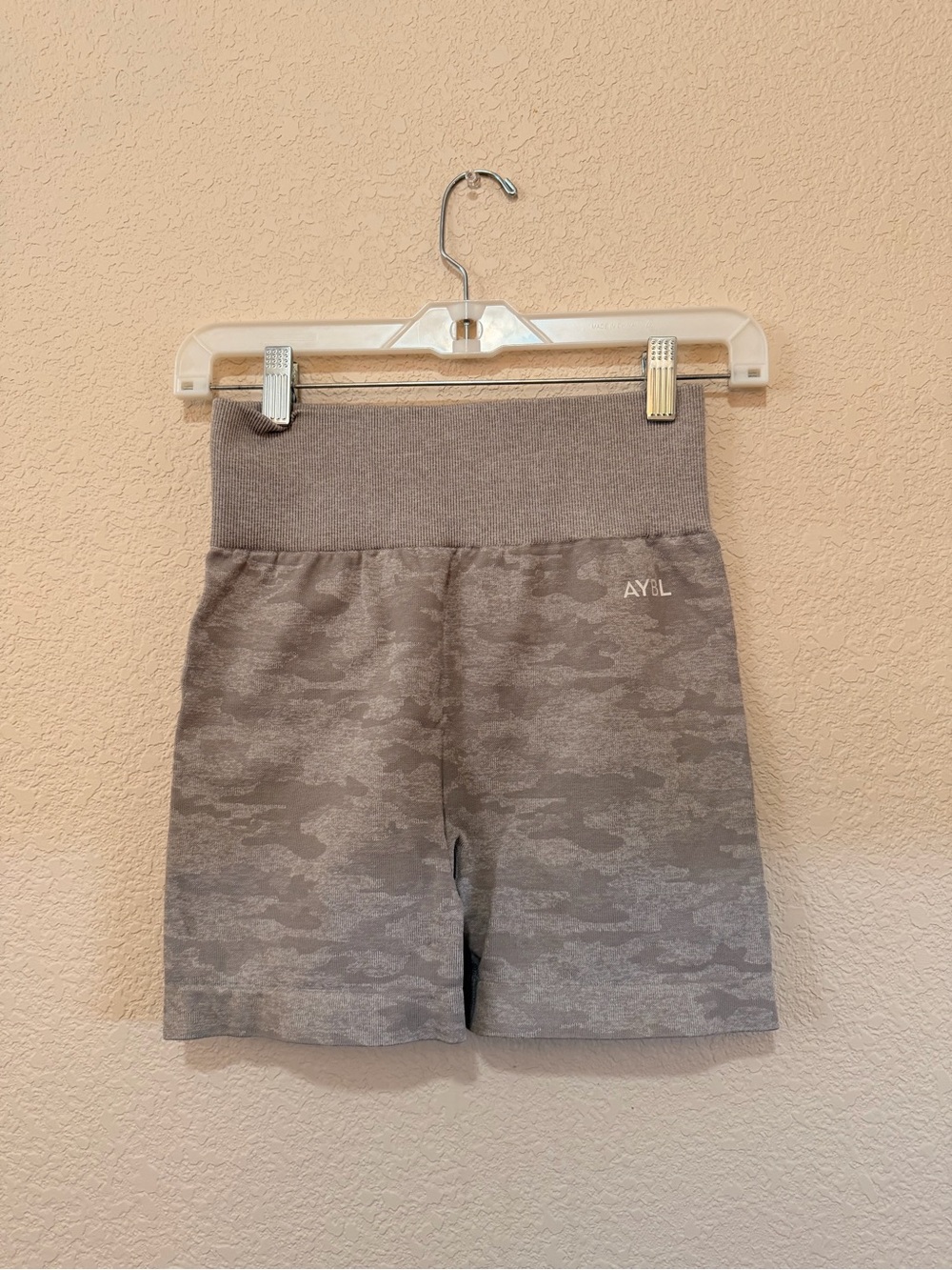 AYBL Womens High-Waist Camo Biker Athletic Shorts in Gray Camo Print